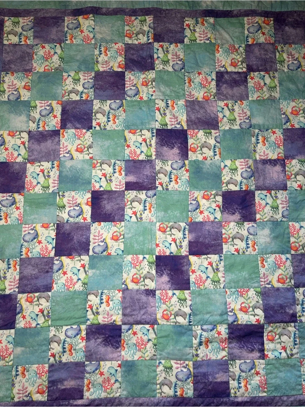 Handmade Patchwork Quilt Seafoam Green & Purple 90s Ocean Animals Waterpaint